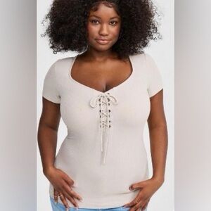 Torrid Women's Super Soft Rib V Neck Cream Lace-Up Top